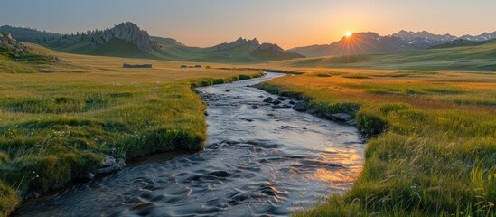 Wall Mural - Sunrise Over a Serene River Valley