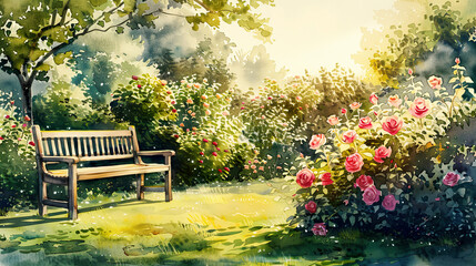 Picturesque watercolor of a traditional English garden, lush greenery, roses in full bloom, wooden garden bench, golden hour light