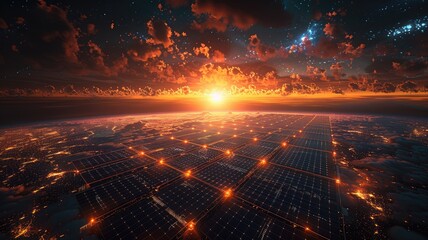 Sticker - A futuristic cityscape with solar panels, a vibrant sunset, and a starry sky. The image symbolizes innovation, energy, progress, technology, and the future.