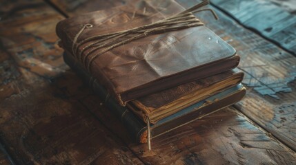 Aufkleber - Stack of books resting on a wooden table