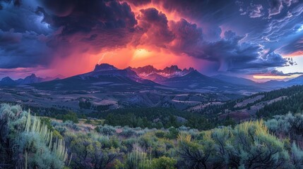 Canvas Print - Lightning Storm Over Mountain Range