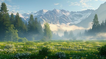 Poster - A serene landscape featuring a picturesque meadow adorned with wildflowers, nestled amidst a majestic mountain range. The scene evokes a sense of peace and tranquility