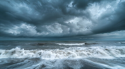 Poster - A dramatic storm rolling in over the Atlantic, with dark clouds gathering and powerful waves crashing against the shore.