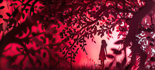 Canvas Print - A silhouette of a girl standing in a red forest, representing  mystery, nature, imagination, childhood, and wonder.