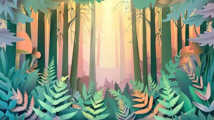 Sticker - A tranquil forest scene with sunlight filtering through the trees, creating a magical atmosphere. The path leads deeper into the woods