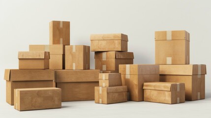 Poster - Pile of cardboard boxes stacked high, perfect for storage or moving