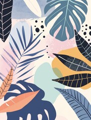 Wall Mural - A vibrant illustration featuring tropical leaves in various shapes and colors, set against a backdrop of abstract shapes and textured backgrounds. The design evokes a sense of summer, nature