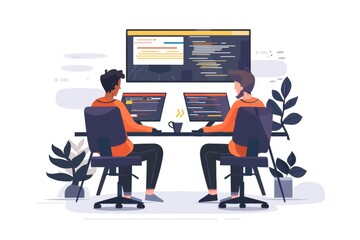 Poster - Two professionals sit at a desk, focused on their computer screens
