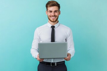 Wall Mural - Young happy smiling employee IT business man corporate lawyer wear classic formal shirt tie work in office hold use laptop pc computer isolated on plain pastel  with generative ai