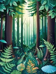 Poster - A whimsical illustration of a forest path, with tall trees and lush foliage, symbolizing peace, nature, exploration, magic, and hidden wonders.