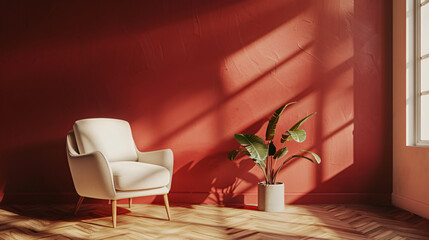 Poster - Sunlight creating shadows in a modern minimalist living room with a red accent wall