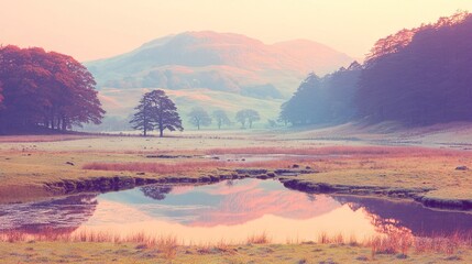 Wall Mural -   A lush green field surrounds a serene pond, while majestic mountains loom in the background