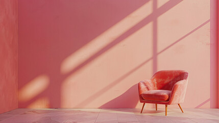 Poster - Modern armchair casting shadows on a pink wall in a sunlit room