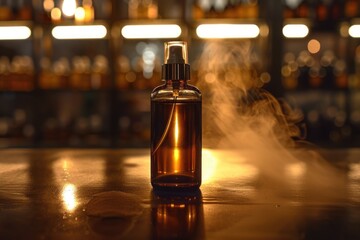 Poster - A bottle of perfume sits on a wooden table, ready for use