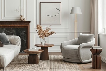 Aufkleber - A warm and inviting living room with comfortable furniture and a crackling fireplace, perfect for relaxing on a cold winter night