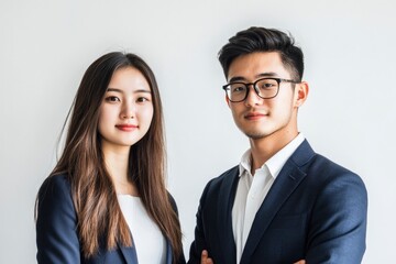 Wall Mural - Photo of two young Asian business people on white background with generative ai