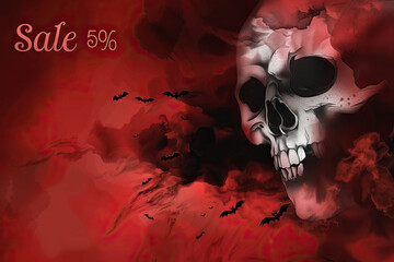 Menacing Halloween sale banner featuring a dark skull and bats flying on a blood-red background