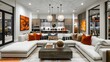 © SK Collection - A lounge with an open floor plan, featuring a large sectional sofa, a stylish coffee table, and modern lighting fixtures.