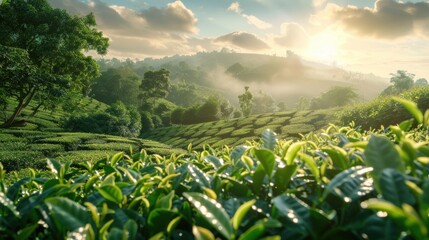 Aufkleber - A sunny day at a tea plantation with lush green plants and a bright blue sky