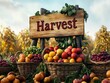 © Lamina - Sign highlighting 'Harvest' with illustrations of an abundant crop yield, including baskets of fruits and vegetables.