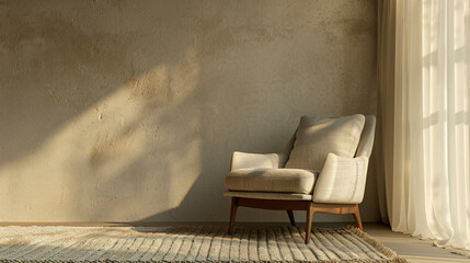 Poster - modern minimalist living room bathed in sunlight filtering through sheer curtains