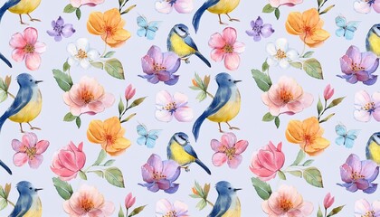 Wall Mural - spring flowers and birds watercolor seamless pattern