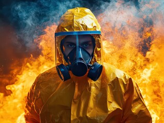 Person in hazmat suit stands in front of a fiery backdrop.