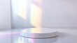 © Png - Video - Photo - Opal White Ethereal Elegance Display, captivating scene featuring a porcelain podium showcasing a cosmetic product against an iridescent white background with subtle rainbow hues