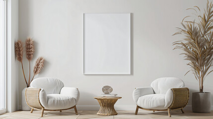 Poster - modern minimalist living room with two armchairs and a large empty frame, perfect for showcasing art