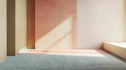 Canvas Print - Sunlight casting shadows in a modern room with peach and white walls