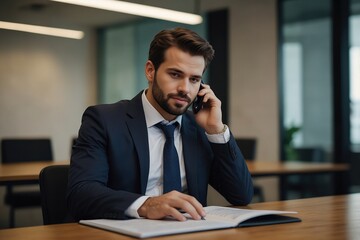 Handsome businessman phone calling, searching for informations in book. Traditional information source in modern office space