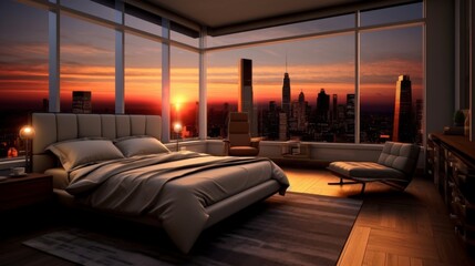 Poster - Modern Bedroom with City Skyline View at Sunset