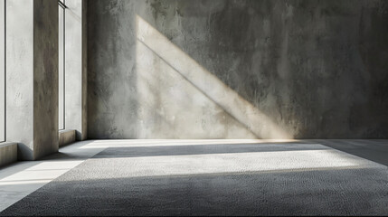 Poster - Minimalist interior with concrete wall and a carpet receiving sunlight from a large window