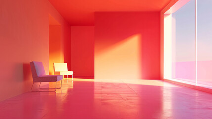 Poster - Two chairs in a minimalist interior illuminated by red light from a spacious window