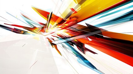 Poster - Dynamic Abstract Explosion of Colorful Geometric Shapes Against White Background Creating Movement and Energy