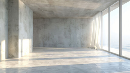 Poster - Bright and airy minimalist interior design with large windows and stunning ocean view