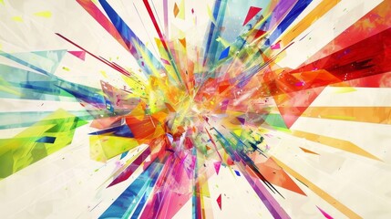 Poster - Dynamic Abstract Explosion of Colorful Geometric Shapes Against White Background Creating Movement and Energy