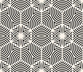 Wall Mural - Vector geometric seamless pattern. Abstract monochrome texture with hexagonal grid, curved lines, circles, floral silhouettes, lattice. Black and white geo background. Modern repeat ornament design