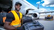 © Wasun - A smiling airport worker in a yellow vest loads luggage onto an airplane.