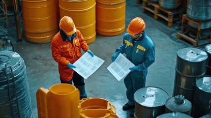 Wall Mural - generate a photo realistic image of workers reviewing safety data sheets (sds) for hazardous chemica