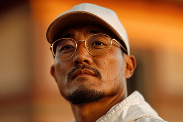 Confident Asian man in stylish white attire and glasses poses thoughtfully, reflecting a modern urban aesthetic