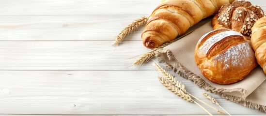 Assorted freshly baked pastries including croissants and bread rolls on light wooden background with wheat stalks.