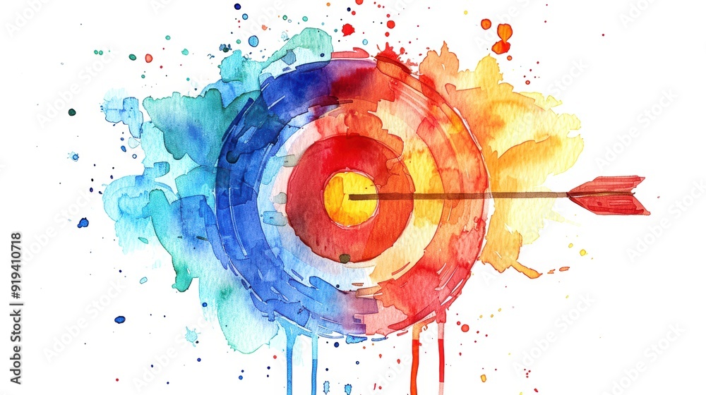 Colorful watercolor painting of a target with an arrow hitting the ...