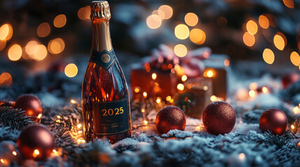 A bottle of champagne with the year 2015 on it sits on a table with a bunch of C