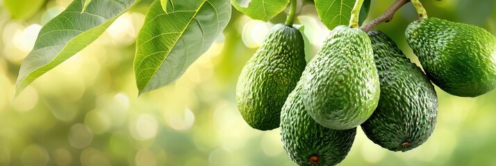 Fresh avocados hanging on tree branch with green leaves in background. Ideal for food, agriculture, and healthy lifestyle concepts.