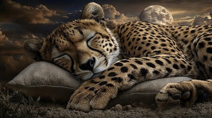 Wall Mural -   A cheetah sleeping on a pillow under the full moon in the night sky