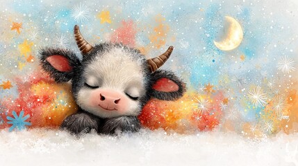 Wall Mural -   A cow, eyes closed, sits in snow, with half-moon, stars backdrop