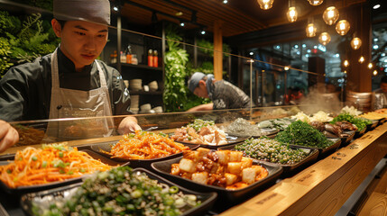 Wall Mural - A man is preparing food in front of a counter with many different types of food. Scene is busy and bustling, as the man is working hard to prepare the food for customers