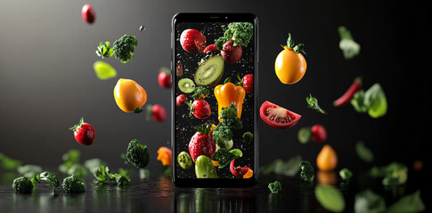 Sticker - Fresh Fruits and Vegetables Falling Around Smartphone.