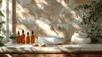 Sticker - A bathroom with a white sink and a plant next to it. The sink is surrounded by a few bottles and a soap dish